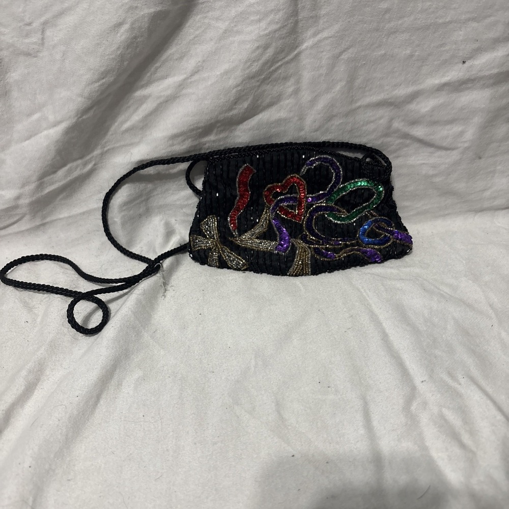 Vintage Beaded Sequin Crossbody Purse Zip Closure Embellished Mini Bag Evening